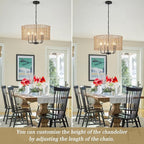 18.9" Hand-Woven Rattan Chandelier 5 Lights Farmhouse Boho Chandeliers for Dining Room Light Fixture Drum Wicker Hanging Pendant Lighting for Living Room Kitchen Island Foyer Hallway, E12