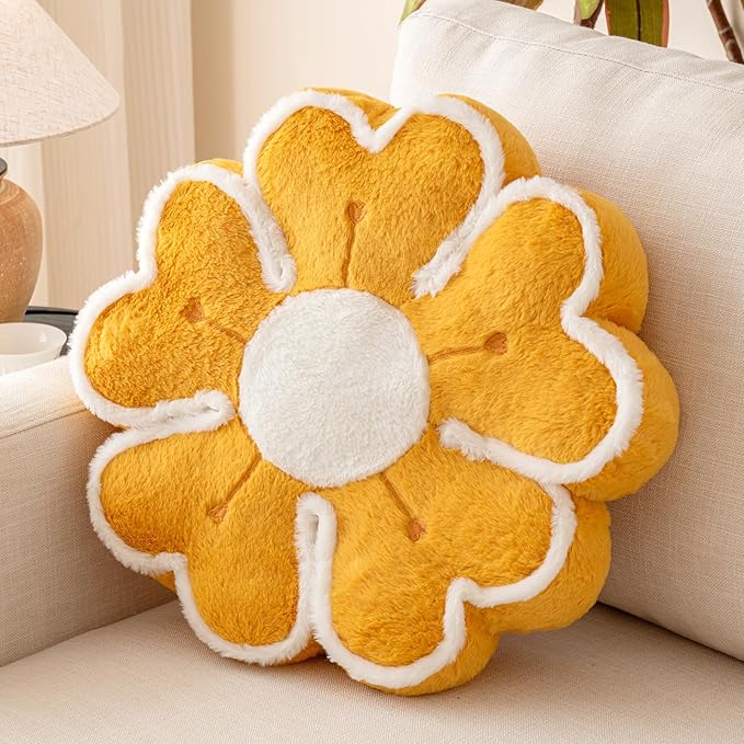 Flower Shaped Decorative Throw Pillow Cushion for Bed Couch, Cute Flower Plush Throw Pillows Home Decor Floor Pillow Seating Cushions (Dark Yellow, 17.7 Inches)