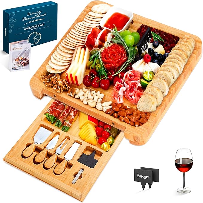 Easoger Cheese Board, Large Charcuterie Board Set, Bamboo Serving Platter, 4 Serving Knives and Utensils - House Warming Gifts, Wedding Gifts for Couples, Birthday Gift for Women or Men