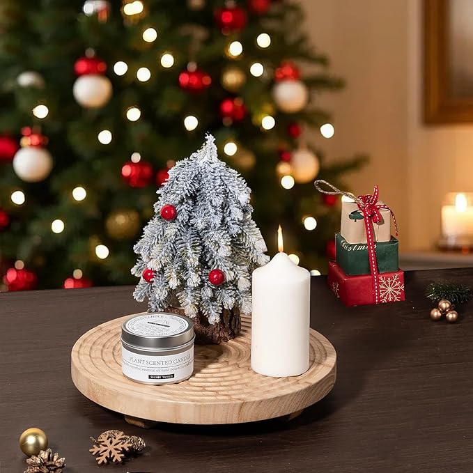 zoocatia Round Decorative Tray Farmhouse Bathroom Decor Wood Riser Kitchen Countertop Organizer for Perfume, Candle, Plant, 9 inch Burlywood