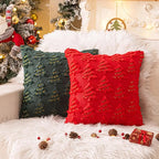 AQOTHES Christmas Tree Decorative Green Red Throw Pillow Covers 18x18 Set of 2, Faux Fur Farmhouse Throw Pillows Cushion Cases for Xmas Winter Holiday Home Decor