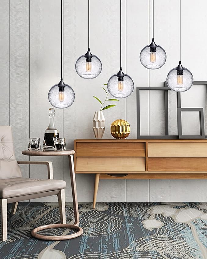 ARIAMOTION Pendant Lights Kitchen Island 3 Pack Hand Blown Glass Modern Farmhouse Lighting Clear Seeded Bubbles Dining Room Table Coffee Bar Counter Brushed Nickel Globe Shape 7.5 Inch Diam