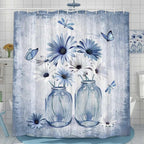 Rustic Farmhouse Blue Floral Shower Curtain, Light Blue Daisy Flowers Butterfly Dragonfly on Abstract Aesthetic Country Wooden Boho Shower Curtain Set, White Bathroom Accessory Sets with Hooks, 70X70