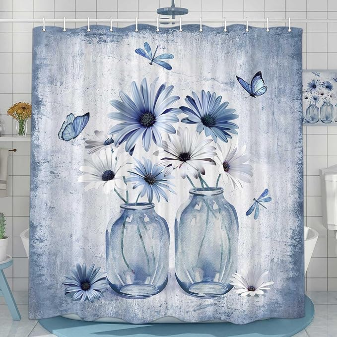Rustic Farmhouse Blue Floral Shower Curtain, Light Blue Daisy Flowers Butterfly Dragonfly on Abstract Aesthetic Country Wooden Boho Shower Curtain Set, White Bathroom Accessory Sets with Hooks, 60X70