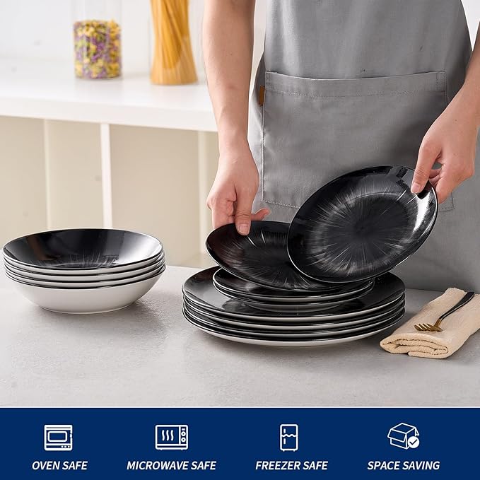 Bestone Porcelain Dinnerware Sets Service for 4, 12 pcs Hand drawn Plates and Bowls Sets, Handmade Ceramic Dish Set, Chip Resistant Modern Plate Set, Dishwasher/Microwave Safe，Black