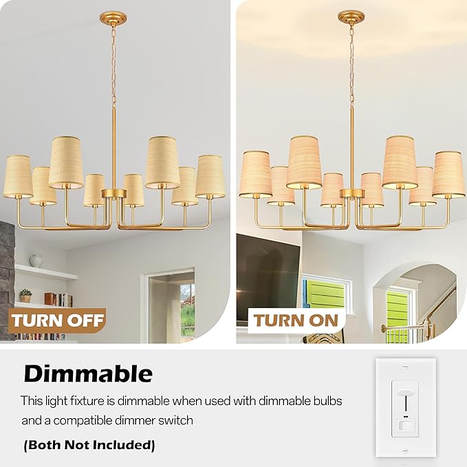 8-Light 39" Gold with Fabric Shades Chandelier Farmhouse Linear Island Lighting Fixture Large Adjustable Pendant Lighting Fixtures for Living Room Kitchen Island Dining Room