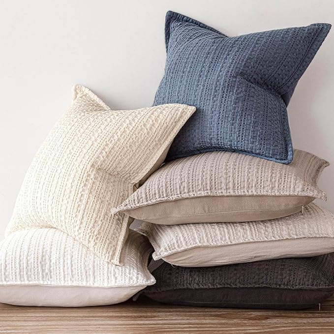 Foindtower Set of 2 Decorative Cotton Waffle Weave Throw Pillow Covers Euro Shams Cushion Covers Accent European Pillowcase for Bed Couch Sofa Bedroom Living Room Home Decor 24×24 Inch Blue