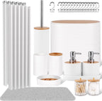 White Bathroom Set, 25 PCS Bathroom Accessories Set with Shower Curtains, Rugs, Trash Can, Toothbrush Holder, Soap Dispensers, Toothbrush Cup, Vanity Tray, Soap Dish, Toilet Brush, Qtip Holders