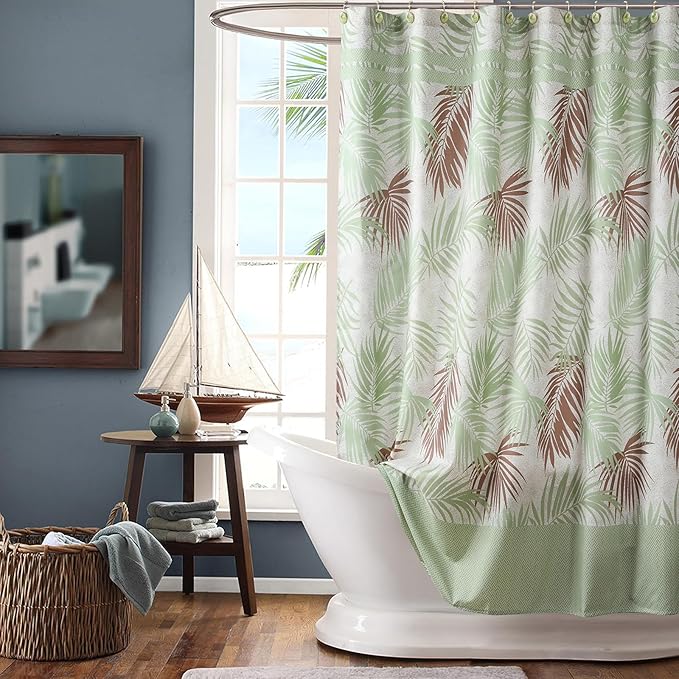 Fabric Shower Curtain, Sage Green and Brown Tropical Plant Leaf Print Shower Curtains for Bathroom, Waterproof Bathroom Curtains, 72" W x 72" H
