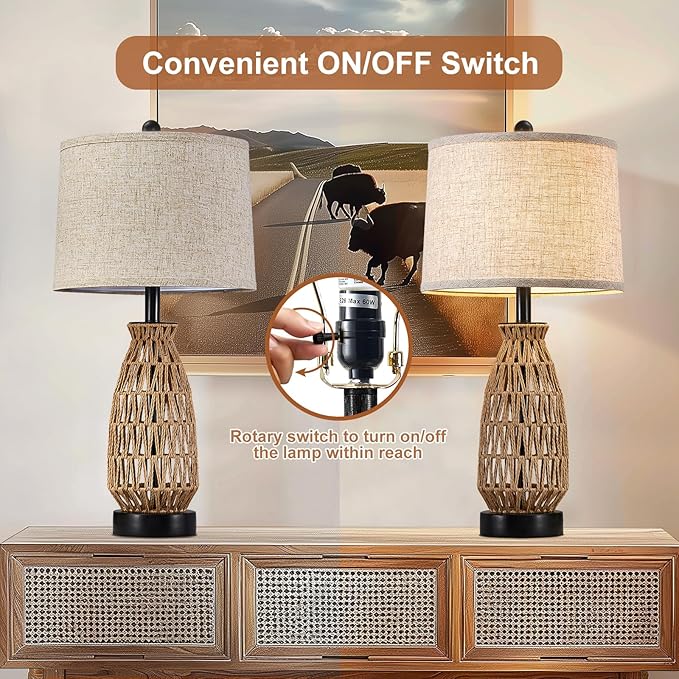 Boho Table Lamp Set of 2, 27" Handwoven Rattan Lamps with Fabric Shade, Bohemian Farmhouse Bedside Lamp Modern Wicker Lamps with Rotary Switch for Bedroom Living Room Nightstands Dorm Farmhouse Decor
