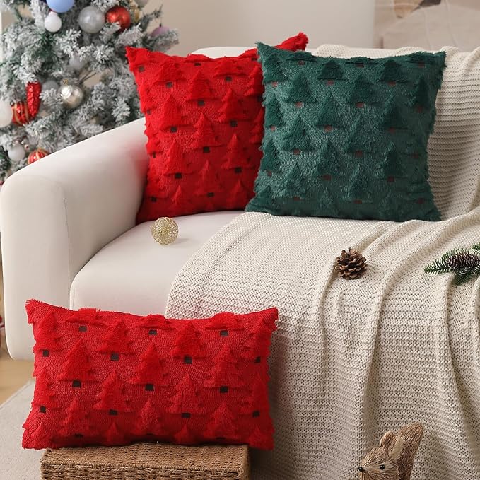 Christmas Pillow Covers 12x20 inch Set of 2 Christmas Decorations Soft Plush Faux Fur Wool Red Xmas Tree Throw Pillow Cases Winter Holiday Decor for Sofa Living Room PT002B12