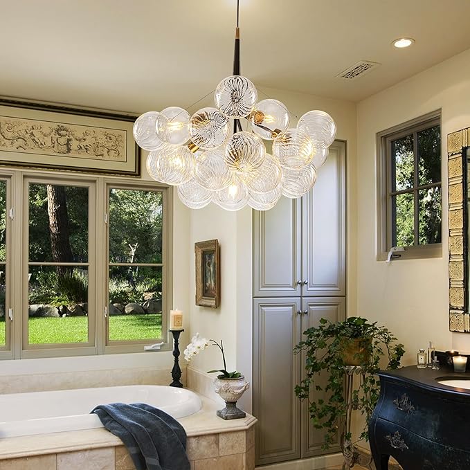 Longree Modern Bubble Ball Swirled Glass Chandelier, 24 inch Black and Gold Swirled Blown Glass Globe Cluster Ceiling Lights Fixture for Bedroom Study Restaurant