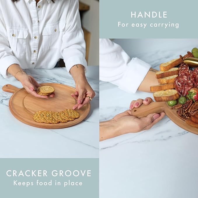 Charcuterie Board - Round Solid Wood Cutting Board for Kitchen with Groove & Handle, Cheese Board for Vegetables, Bread, Fruits, Meat - Decorative Wooden Serving Tray House Warming Gift