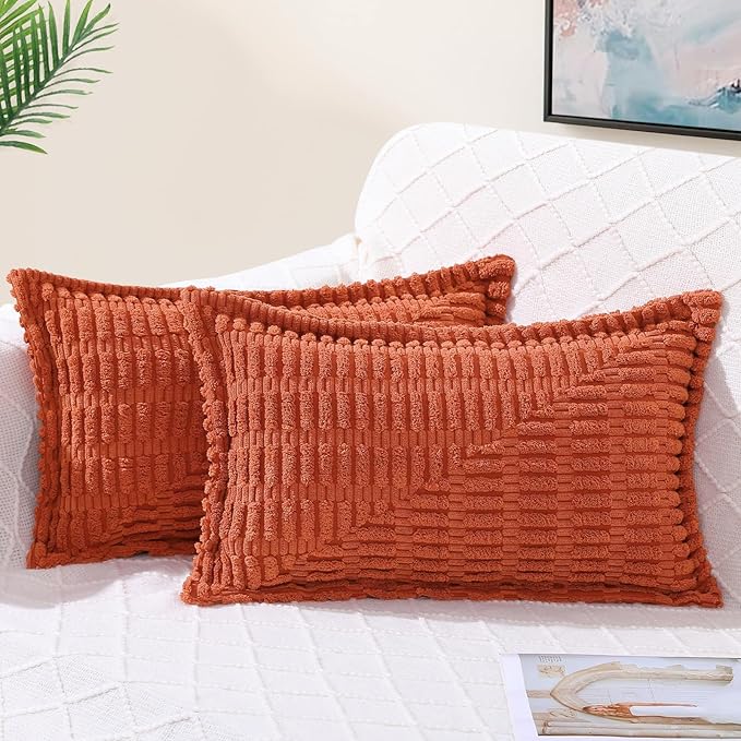 decorUhome Decorative Rust Fall Throw Pillow Covers 12x20 Set of 2 with Splicing, Boho Lumbar Soft Neutral Corduroy Broadside Twill Pillow Covers for Couch Bed Sofa Living Room