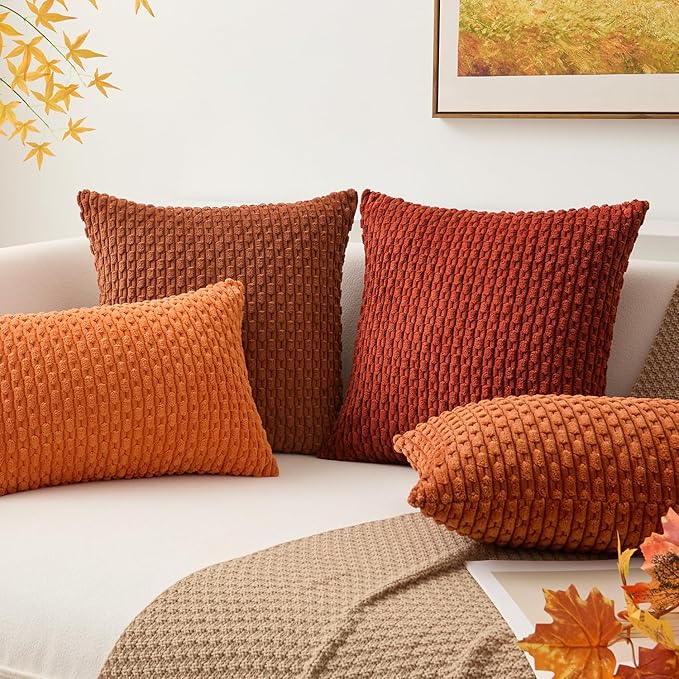 Kevin Textile Fall Lumbar Throw Pillows Cover Autumn Decorative Cushion Covers for Chair/Sofa/Bed/Car Comfortable Corduroy Striped 12 x 20 Inches Burnt Brick Double Pieces