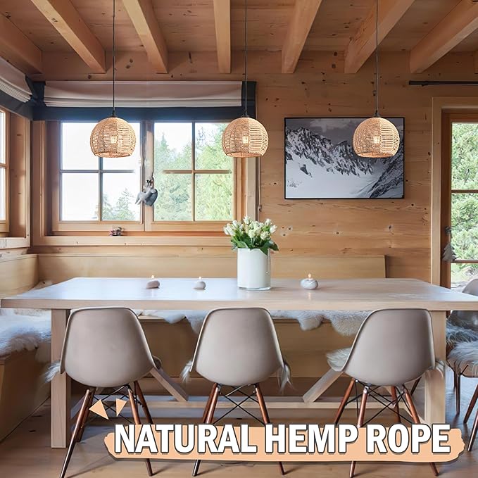 3 Pack Wicker Pendant Light Natural Woven Pendant Light Boho Chandelier Light Fixture Dome Rustic Farmhouse Pendant Lights Rattan Light Fixture for Dining Room Kitchen Island (Bulb Incl.)