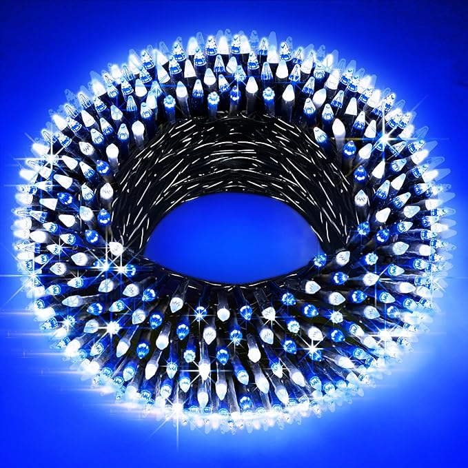 300LED Christmas Lights Indoor Outdoor Use Green Wire, 8 Lighting Modes 100FT Christmas Tree Lights with Timer & Memory, IP44 Waterproof for Tree Xmas Patio Yard Fence Balcony Garden Blue & Cool White