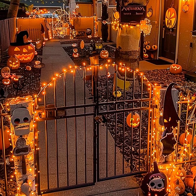 JMEXSUSS 500 LED Halloween Lights Outdoor, 163FT 8 Modes Orange Halloween Light Indoor Clear Wire, Outdoor Waterproof Fall Lights Plug in for Thanksgiving Room Porch Christmas