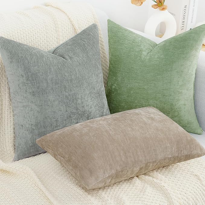 decorUhome Chenille Beige Throw Pillow Covers 22x22 Inch Set of 2, Decorative Soft Couch Pillow Covers Solid Dyed Accent Velvet Farmhouse Neutral Square Pillow Cases for Sofa Bed Living Room