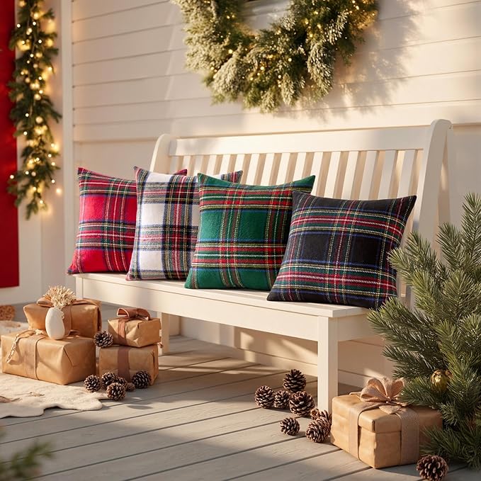MIULEE Christmas Plaid Decorative Throw Pillow Covers Set of 2 Scottish Tartan Vintage Farmhouse Winter Cuhion Case Pillow Covers for Couch livingroom Sofa Bed Porch Home Decor 20x20inch White