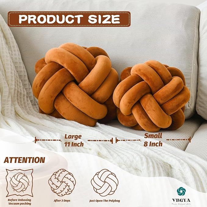 Knot Pillow Ball, Soft Decorative Throw Pillows Cushion, 11 Inch Round Plush Knotted Pillows Caramel Pillow, Modern Home Throw Knot Decorative Cushion for Bedroom, Sofa, Couch
