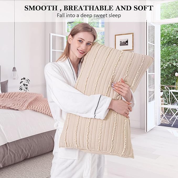 BOSOWOS Queen Size Pillow Shams Set of 2, Ultra Soft Breathable 20 x 30 Inches Pillow Case Envelope Closure, Microfiber Farmhouse Bed Pillowcases for Easy Care, Khaki