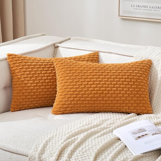 MIULEE Burnt Orange Throw Pillow Covers Soft Corduroy Decorative Set of 2 Boho Striped Pillowcases Farmhouse Home Decor for Thanksgiving Couch Bed Sofa Living Room 12x20 Inch