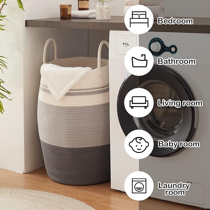 OIAHOMY Laundry Hamper Woven Rope Large Clothes Hamper 25.6" Height Tall Laundry Basket with Extended Handles for Storage Clothes Toys in Bedroom, Bathroom, Foldable (Dark Grey)