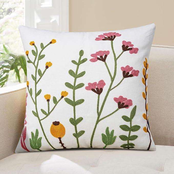 Adabana Neutral Decorative Floral Pillow Covers 18x18 Inch Boho Embroidered Throw Pillow Cover Farmhouse Couch Cushion Cases for Bed Sofa Bedrrom Living Room Decor,Spring Green