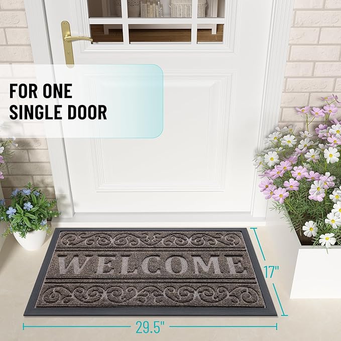 OLANLY Welcome Door Mat Indoor Outdoor Entrance, Heavy Duty Sturdy Front Door Mat, Waterproof All-Weather Doormat, Stain Resistant, Low Profile, Easy Clean Patio Entryway Mat, 29.5 x 17, Brown