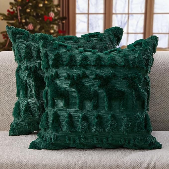 DFXSZ Christmas Pillow Covers 20x20 inch Set of 2 Green Christmas Tree Elk Decoration Soft Plush Faux Fur Jacquard Throw Pillows for Bedroom Sofa Holiday Festivals Winter Home Decor PTK069A20