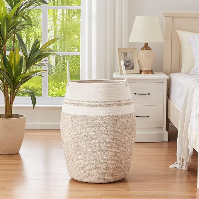 OIAHOMY Laundry Hamper Woven Cotton Rope Large Clothes Hamper 25.6" Height Tall Laundry Basket with Extended Cotton Handles for Storage Clothes Toys in Bedroom, Bathroom, Foldable (Yellow variegated)