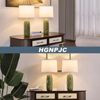 Table Lamps Set of 2, 25 inch Modern Green Ceramic with Leaf Embossed Base and White Linen Shade, Farmhouse & Modern Bedside Lamp for Bedroom, Living Room, Office