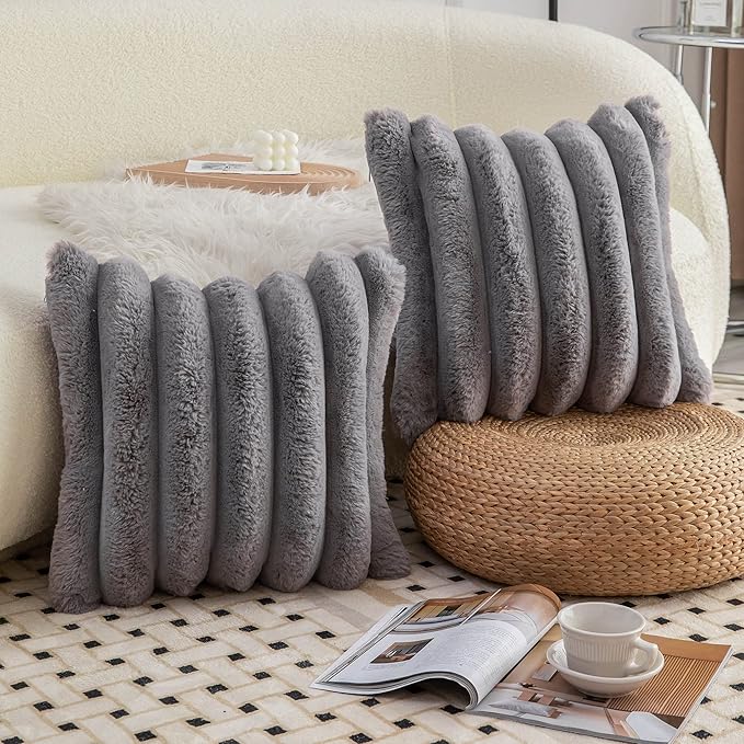 Neelvin Grey Faux Fur Cozy Soft Striped Decorative Throw Pillow Covers 22x22 inch Set of 2,Velvet Pillowcase Cushion Case for Sofa Couch