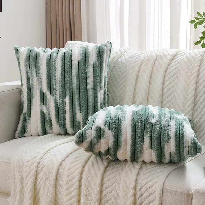 FUTEI Dark Green Decorative Throw Pillow Covers 22x22 Inch Set of 2,Soft Tie-Dye Faux Rabbit Fur Striped Texture Cushion Case, Modern Home Decor for Couch Bed Living Room