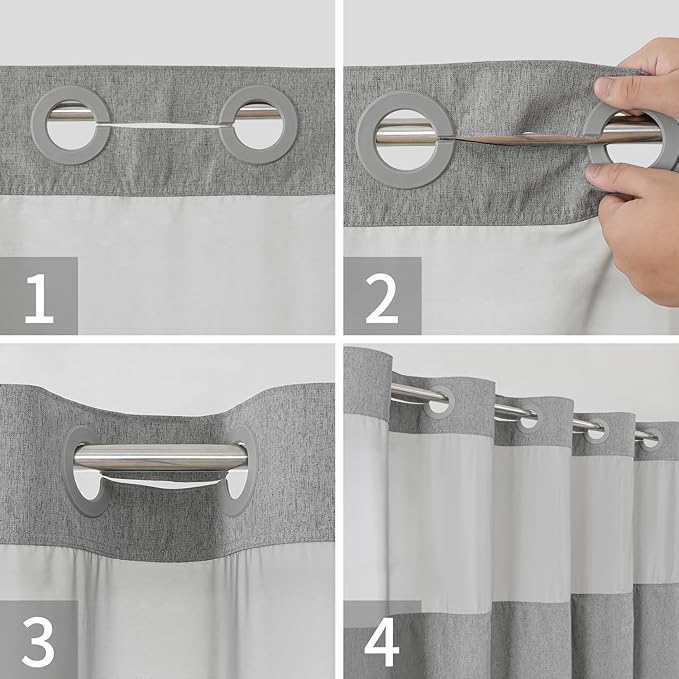 Extra Long No Hooks Needed Linen Textured Shower Curtain with Snap-in Fabric Liner Set,Grey Hotel Luxury Decor Shower Curtains for Bathroom,Waterproof & Washable,71Wx86H