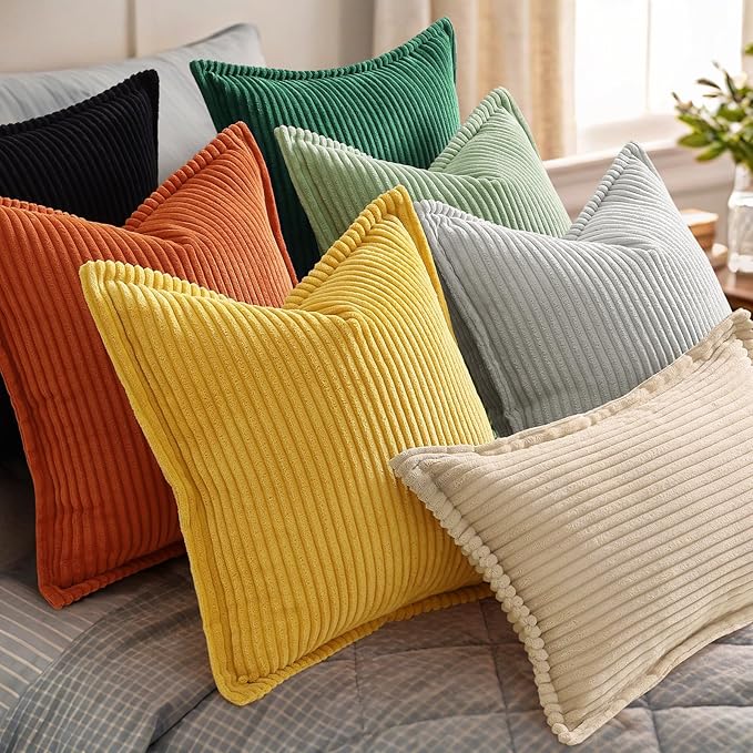 decorUhome Christmas Corduroy Green Throw Pillow Covers 20x20 Set of 2 Decorative Soft Boho Farmhouse Euro Couch Pillow Covers for Living Room Bed Sofa Broadside Striped Pillow Cases