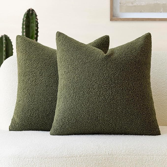 Foindtower Pack of 2, Curly Faux Fur Decorative Throw Pillow Covers Soft Fuzzy Plush Cushion Case with Zipper Cozy Pillowcase for Home Living Room Couch Bed Sofa 16 x 16 Inch, Moss Green