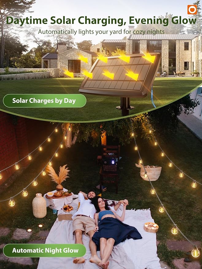 addlon 100FT Solar String Lights Outdoor with Remote, 54 LED Shatterproof Bulbs, Dimmable & Timable, 3 Light Modes, G40 Waterproof Solar String Lights for Outside Backyard Party Decor