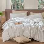MooMee Striped Duvet Cover Set 100% Washed Cotton Linen Like Textured Breathable Durable Soft Comfy (White Cornflower Blue Wide Stripes, Cal King 104"x98")
