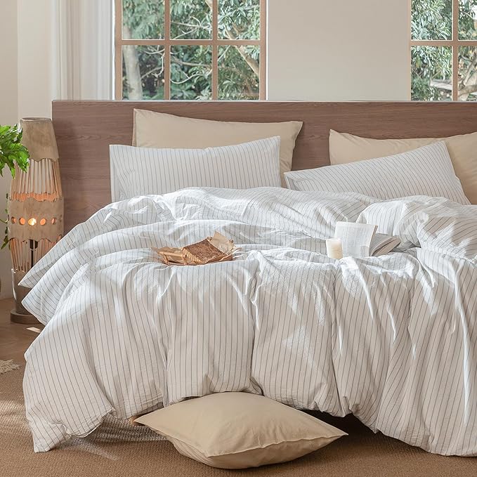 MooMee Striped Duvet Cover Set 100% Washed Cotton Linen Like Textured Breathable Durable Soft Comfy (White Cornflower Blue Wide Stripes, Oversized Queen 98"x98")