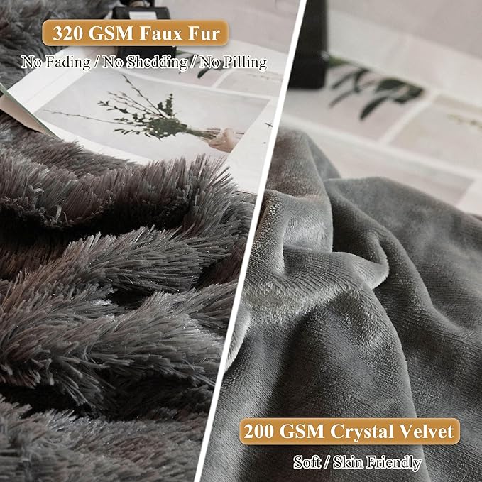 XeGe Faux Fur Throw Pillow Cases, Plush Shaggy Ultra Soft Pillow Covers, Fluffy Crystal Velvet Decorative Pillowcases, Furry Fuzzy Pillow Shams Zipper Closure, Set of 2(Standard, Dark Gray)