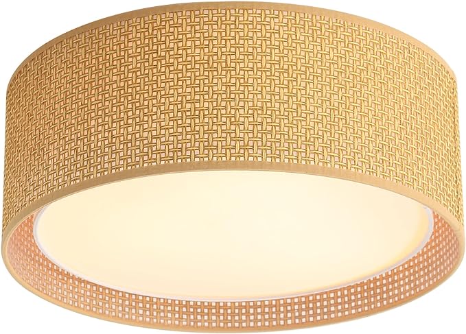 WINGBO 20" Modern 5-Light Flush Mount Ceiling Light Fixture with Fabric & Acrylic Double Drum Shade for Bedroom Living Room Dining Room Hallway Entryway, Brown