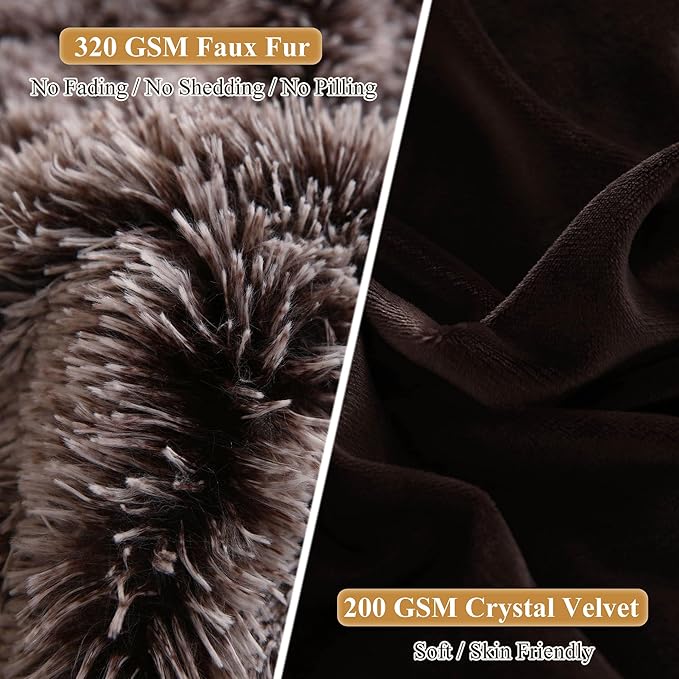 XeGe Faux Fur Throw Pillow Cases, Plush Shaggy Ultra Soft Pillow Covers, Fluffy Crystal Velvet Decorative Pillowcases, Furry Fuzzy Pillow Shams Zipper Closure, Set of 2 (Standard, Chocolate Ombre)