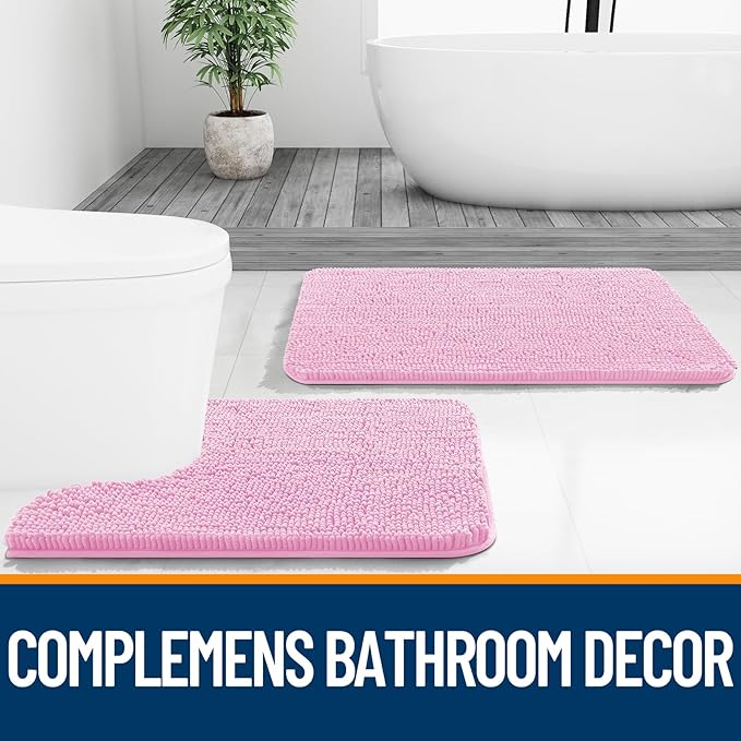 OLANLY Bathroom Rugs 47x17, Extra Soft Absorbent Chenille Bath Rugs, Rubber Backing Quick Dry, Machine Washable Bath Mats for Bathroom Floor, Tub and Shower, Home Decor Accessories, Pink