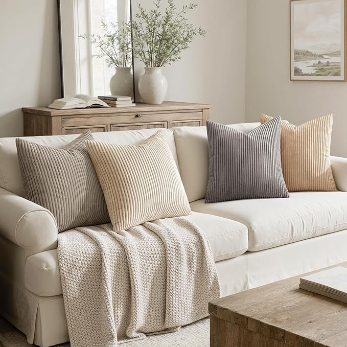 MIULEE Boho Farmhouse Neutral Cream Throw Pillow Covers 18x18 Inch Set of 4 Mordern Nordic Cushion Covers Soft Corduroy Home Decor for Couch Bed Sofa Living Room