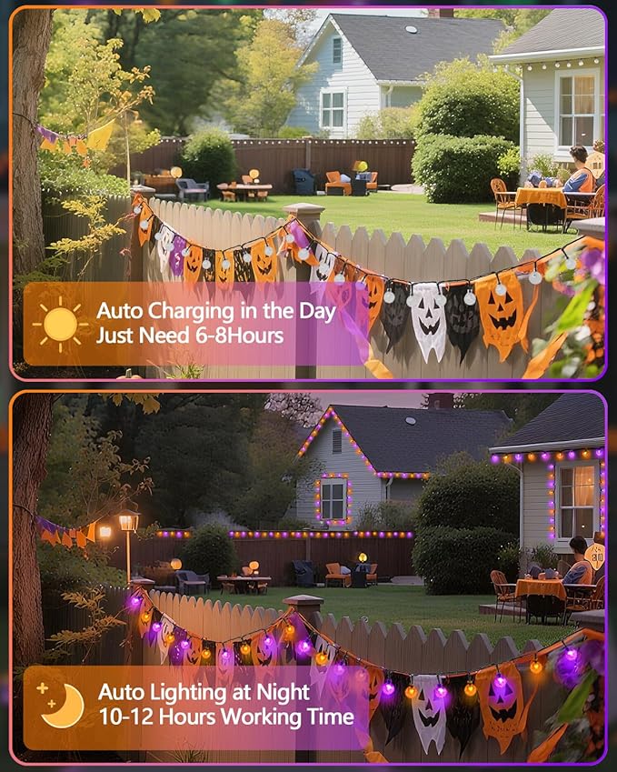 LORRYTE 2-Pack 100 LED 64FT Purple and Orange Solar Halloween Lights, Outdoor Waterproof Solar Globe String Lights with 8 Lighting Modes, Halloween Outdoor Decorations for Garden Party
