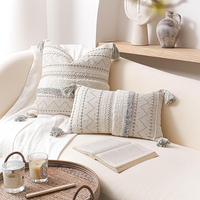 BlissBlush Gray Decorative Throw Pillow Cover 20x20 Square Boho Neutral White Accent Pillowcase Tassels Farmhouse Cushion for Couch Sofa Bedroom Living Room Home Décor (Cover ONLY, Pack of 1)