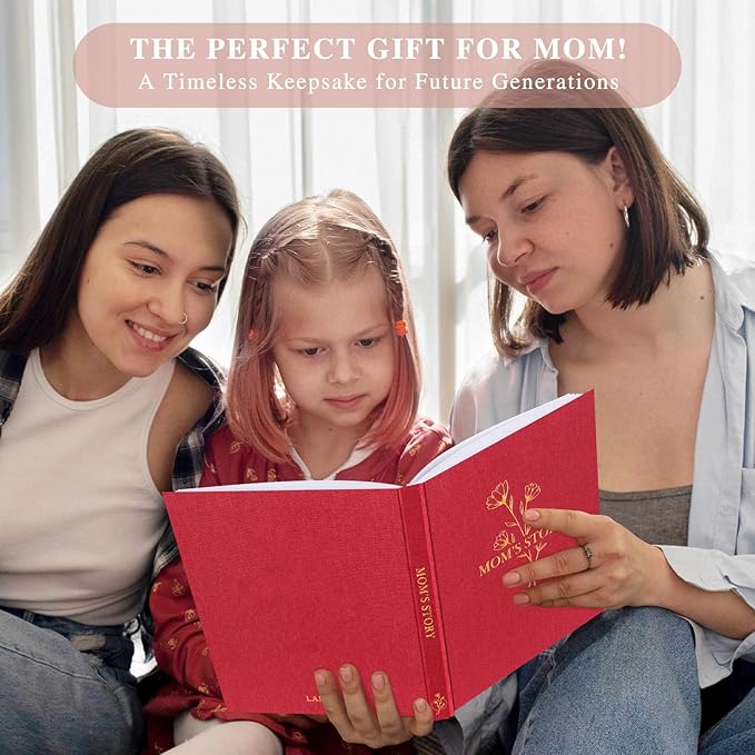 Lanpn Mom Life Story Book Journal with 270+ Prompts, Linen Hardcover Mother Story Guided Journal, Mom Memory Keepsake Book to Fill Out, Mother's Day Birthday Christmas Gift for Mom, Red