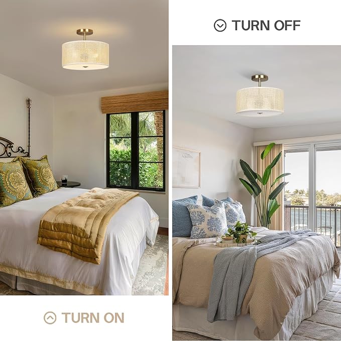 Rattan Ceiling Light Fixture, 13" Woven Drum Flush Mount Light with Gold Finish, 3-Light Boho Wicker Ceiling Lighting for Bedroom, Living Room, Farmhouse, Modern Room Decor